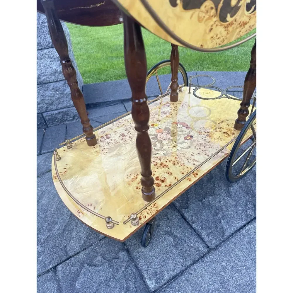 VTG Italian Marquetry Tea & Bar Cart Wood Serving Drop Leaf ~Great For Display